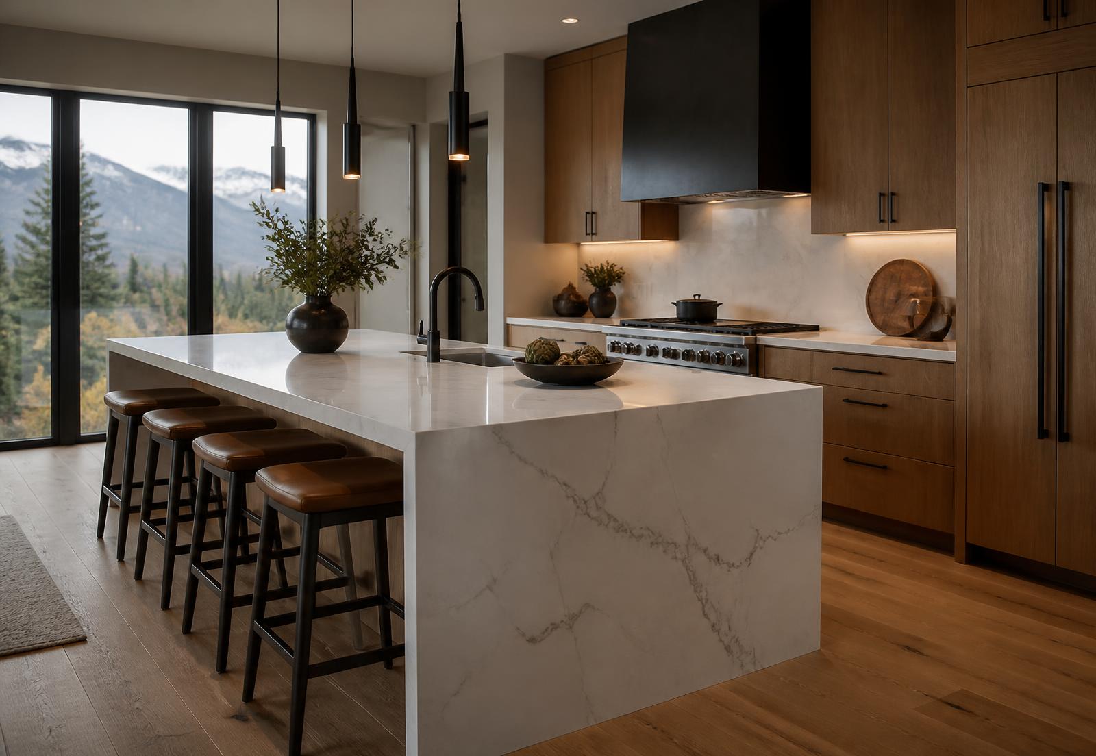 Luxury Colorado kitchen with a white quartz waterfall island and mountain views